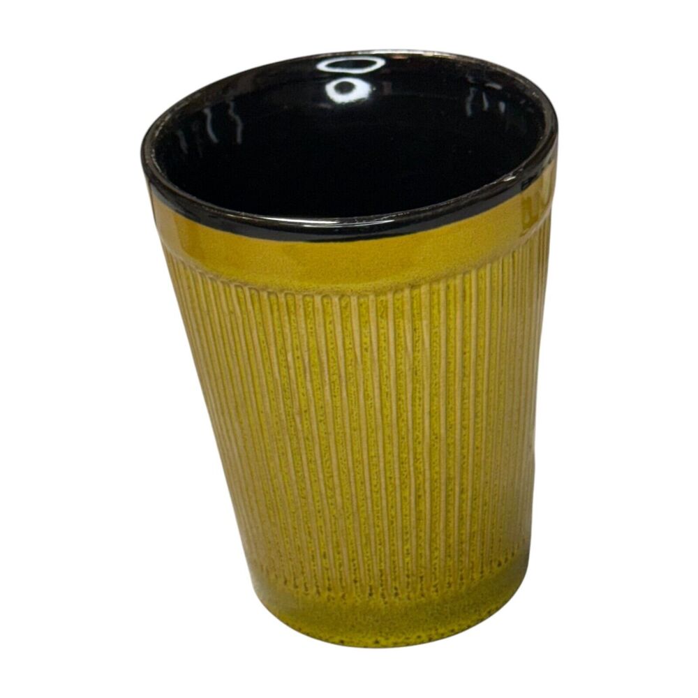 Vintage Yellow Ribbed Ceramic Tea/Coffee Mug Black Interior with Spoon Holder - Picture 3 of 5